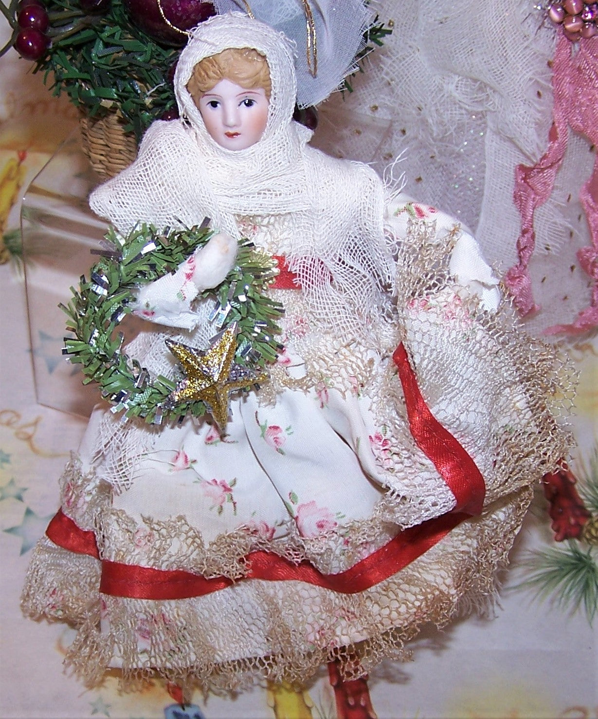 Victorian Revival Mixed Media Holiday Ornament | Lady Carrying Christmas Wreath