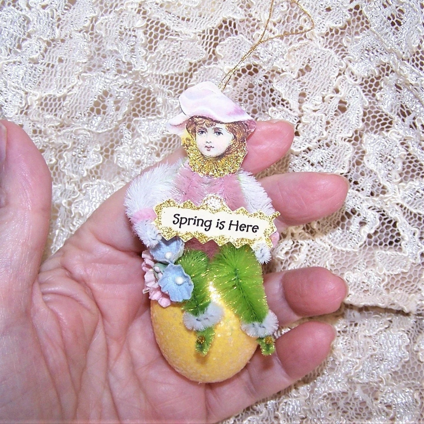 Victorian Revival Chenille Ornament | Little Girl on Egg - Spring is Here