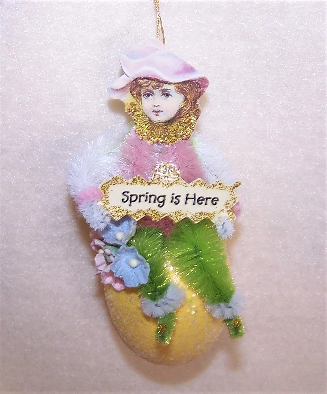 Victorian Revival Chenille Ornament | Little Girl on Egg - Spring is Here