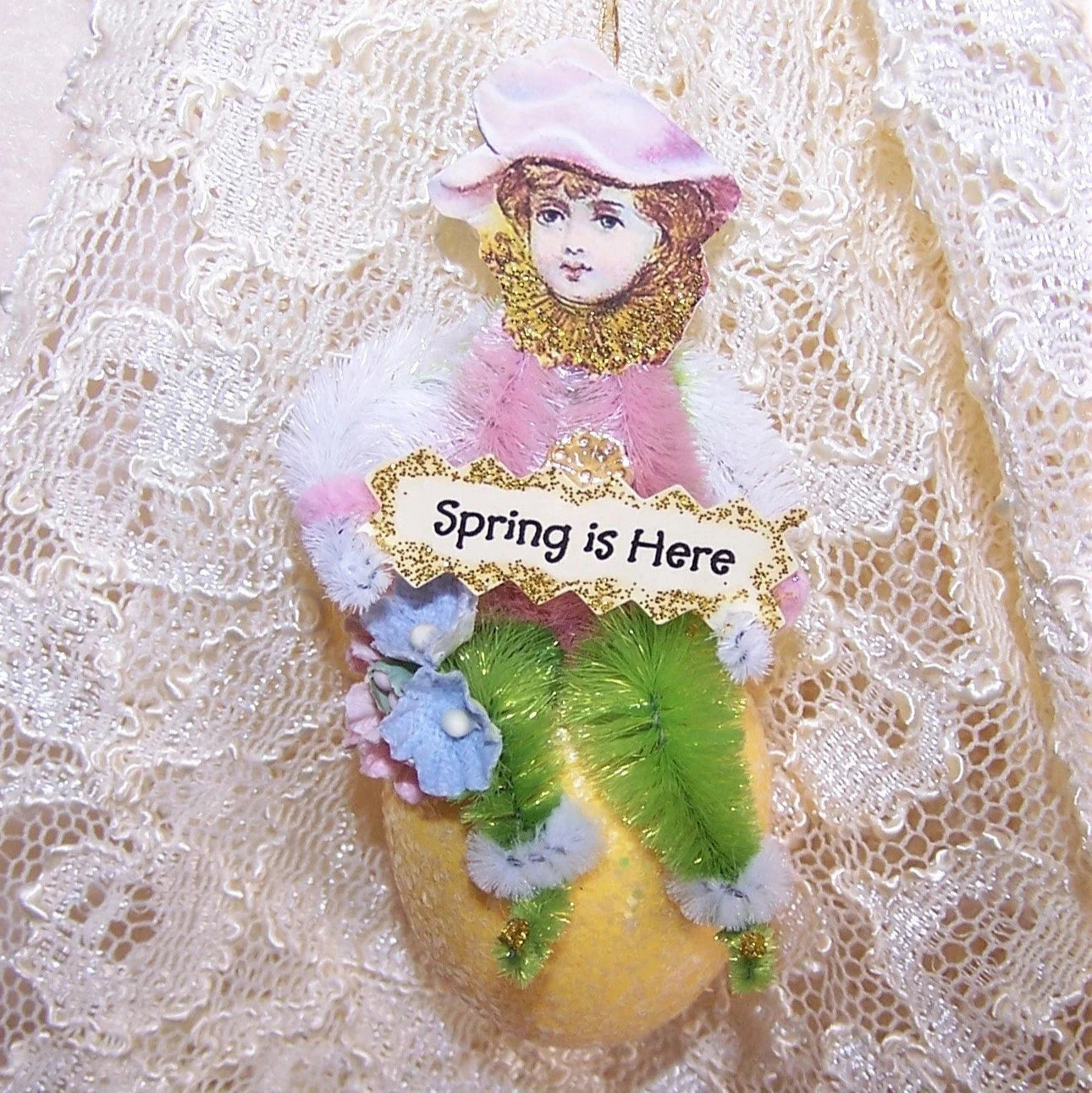 Victorian Revival Chenille Ornament | Little Girl on Egg - Spring is Here