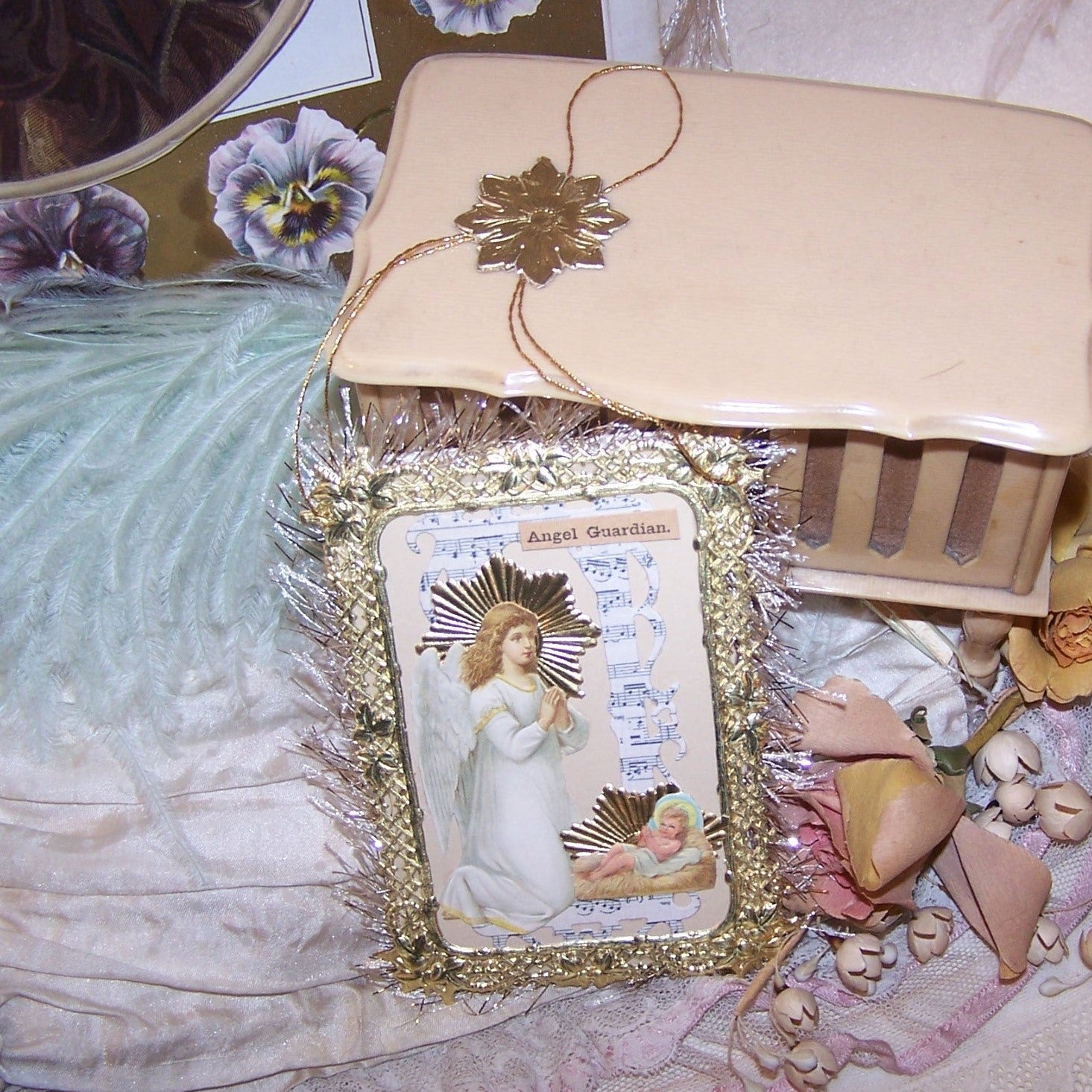 Handmade mixed material One of a Kind Holiday Gift card or Ornament! To be gifted at any time, the decoration shows a Guardian Angel praying over the Baby Jesus