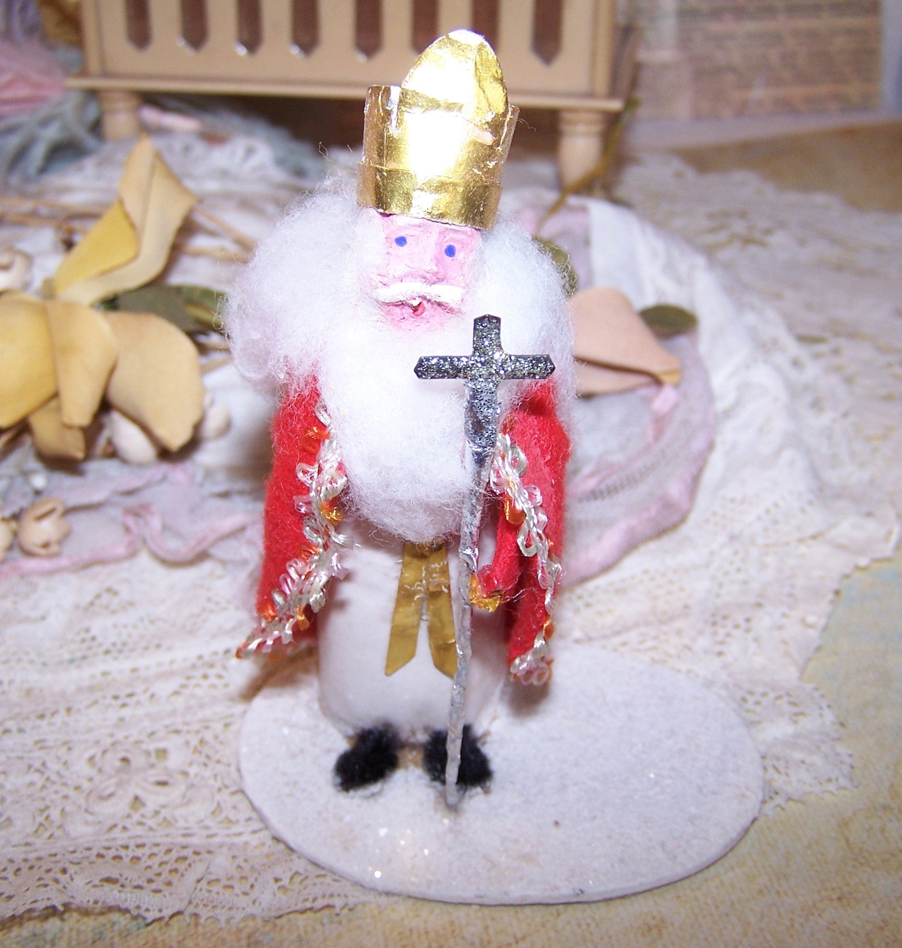 Rare Christmas decoration for the mantel!  A Japan chenille, clay face Father Christmas-Saint Nicholas-Pere Noel-Santa Claus figure on base. 3-3/4" high 