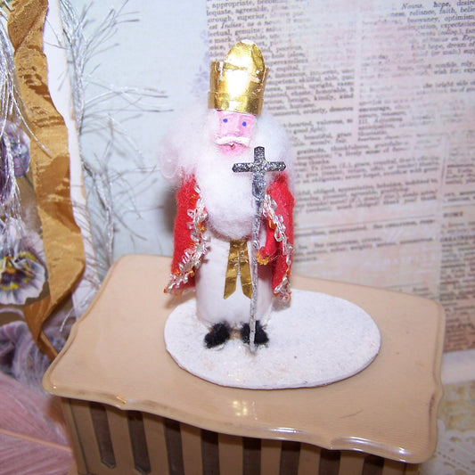 Rare Christmas decoration for the mantel!  A Japan chenille, clay face Father Christmas-Saint Nicholas-Pere Noel-Santa Claus figure on base. 3-3/4" high 