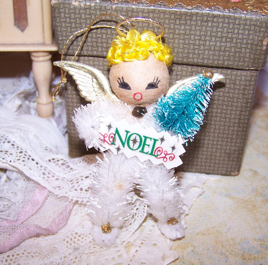Upcycled Made in Japan Spun Cotton and Chenille Angel Decoration - Christmas ornament.  Angel carries a Xmas tree as well as a NOEL sign.  Lightweight.