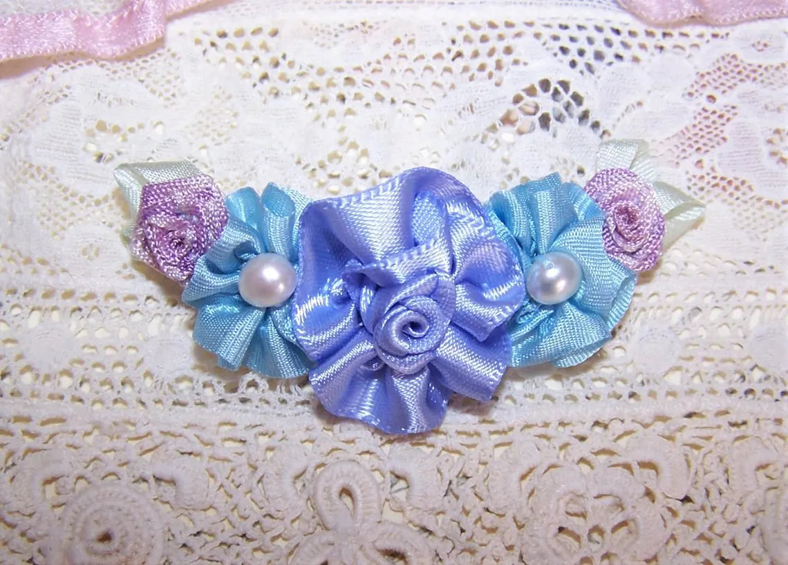 Revival French Ribbonwork Spray - Light Blue & Periwinkle | Freshwater Pearl Accents