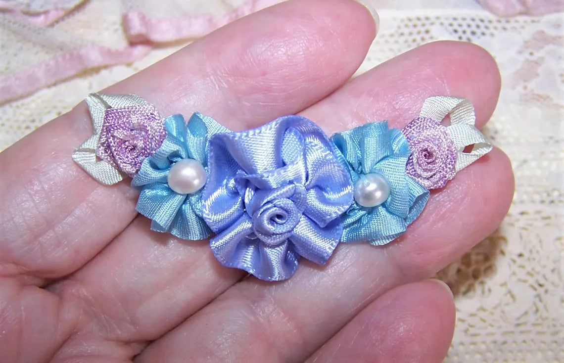 Revival French Ribbonwork Spray - Light Blue & Periwinkle | Freshwater Pearl Accents