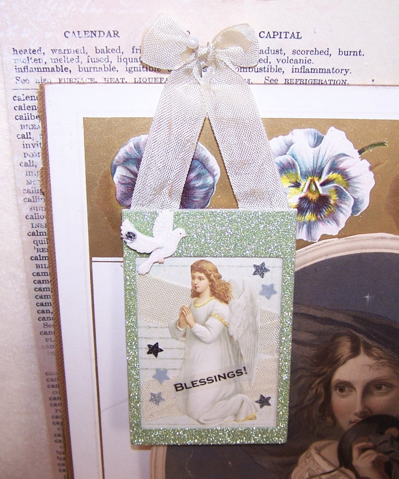 OOAK handmade ornament for any occasion. The green frame houses an Angel in a praying position. The sentiment is BLESSINGS. Repro photographer's label on back. 