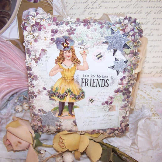 LUCKY TO BE FRIENDS! One of a Kind Victorian Revival ornament or greeting card! Violets and pansies graphics with a young lady holding an envelope. 