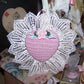 Puffy heart fabric ornament of moire taffeta and lace.  Embellished with a handsewn French Revival ribbon applique.  Size is 4-1/2" high/wide.  One of a Kind.
