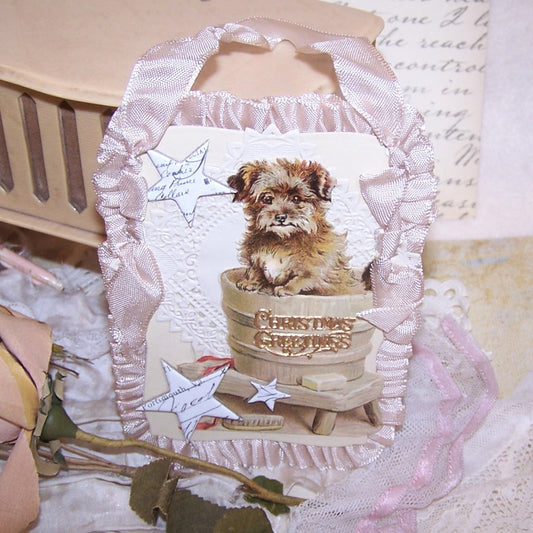 CHRISTMAS GREETINGS! One of a Kind paper ornament or gift tie! Victorian trade card section of a Terrier in a wash tub.  4.50" x 3.75".  Blank back for note.