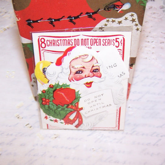 8 Christmas stickers in original pack - 4 Santa Claus & 4 young girl. Phrases are DO NOT OPEN UNTIL CHRISTMAS and NO PEEKING TILL CHRISTMAS. 3" x 2-1/2" approx