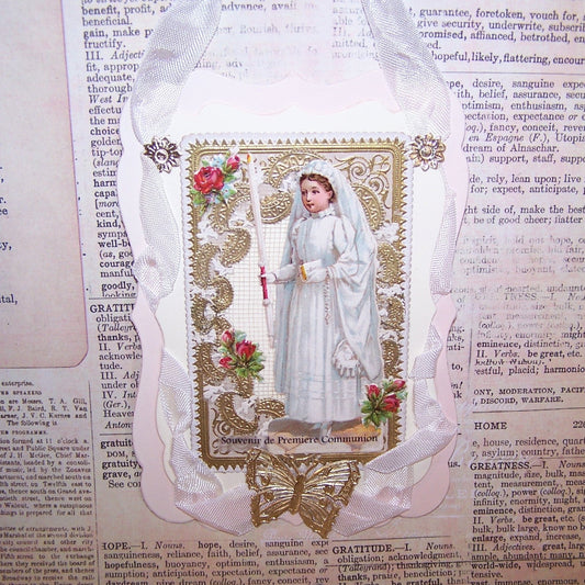 French Napoleon III Revival Souvenir of Premiere Communion.  Mixed materials combined to create this OOAK ornament for a young girl's special day. 9" x 3-1/2". 