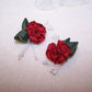 French Revival Ribbonwork - Set/2 Deep Red Silk Ribbon Flowers with Sugar Pips