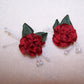 French Revival Ribbonwork - Set/2 Deep Red Silk Ribbon Flowers with Sugar Pips