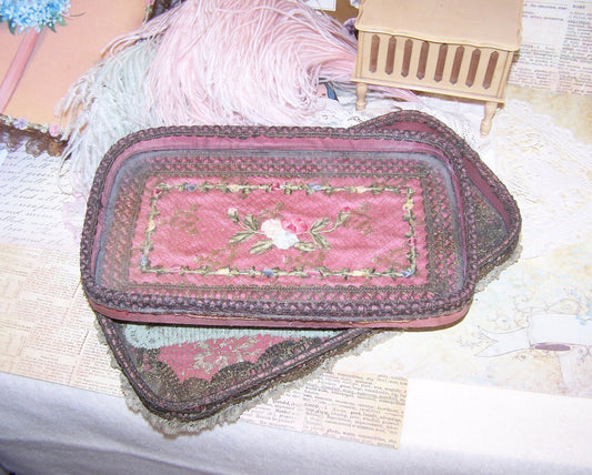 French Art Deco Boudoir Glass Tray. Rose mauve fabric overlaid with French gold braid, rococo ribbon and handmade ribbonwork flowers. Shabby Chic look.