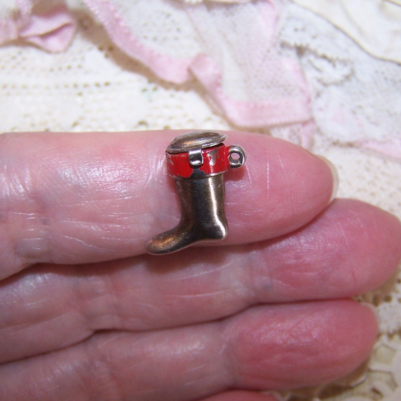Sterling Silver Enamel Charm - Santa Claus in Christmas Stocking