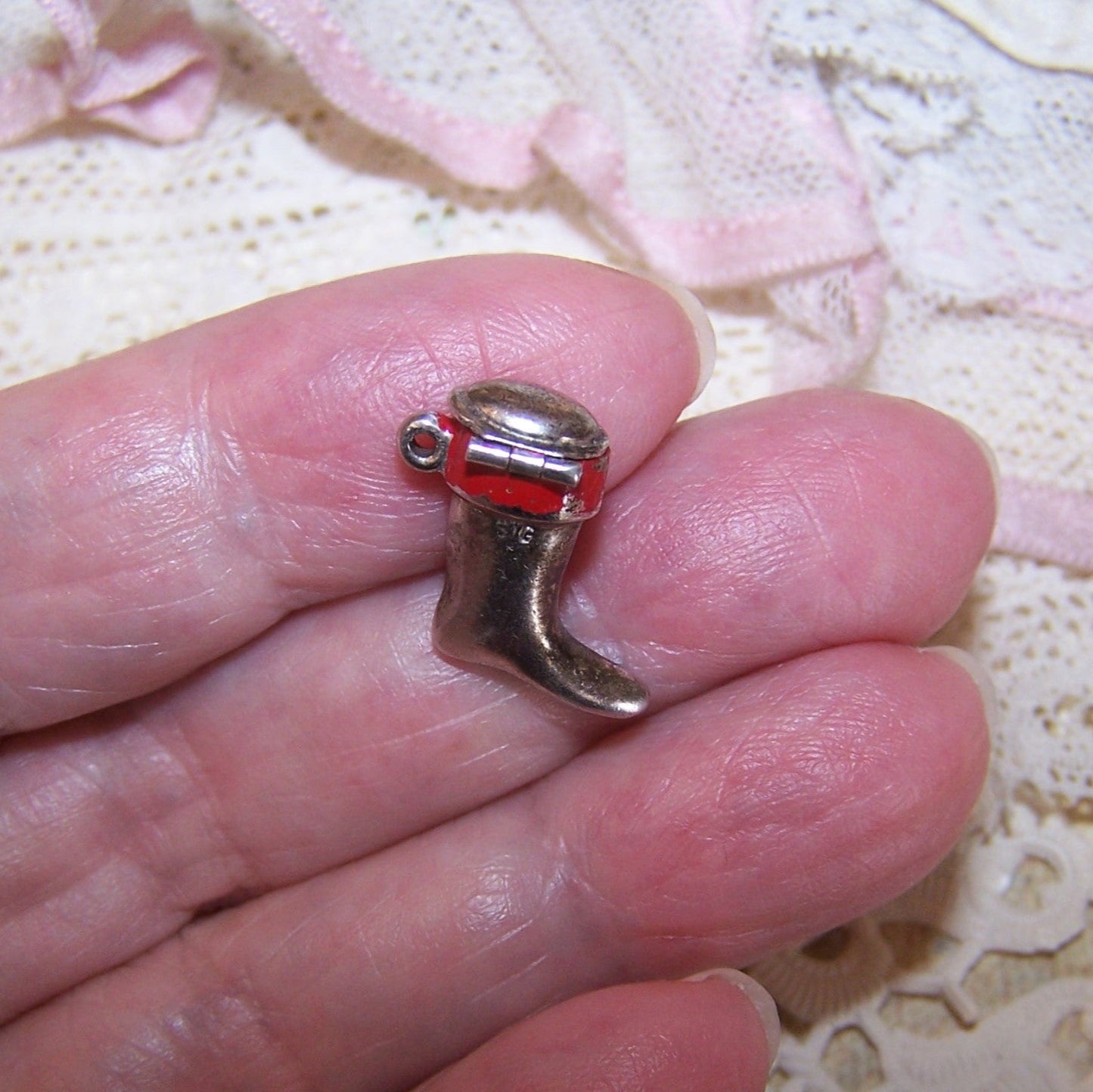 Sterling Silver Enamel Charm - Santa Claus in Christmas Stocking