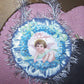 Upcycled Victorian Die Cut Ornament - Cupid with Blue Forget Me Nots