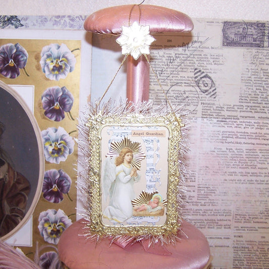 Handmade mixed material One of a Kind Holiday Gift card or Ornament! To be gifted at any time, the decoration shows a Guardian Angel praying over the Baby Jesus