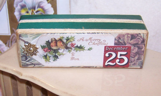 Upcycled Merry Christmas Special December 25th themed French pharmacy box.  3-1/8" x 1" x 7/8" deep approx. Shabby chic appearance.  ONE OF A KIND!