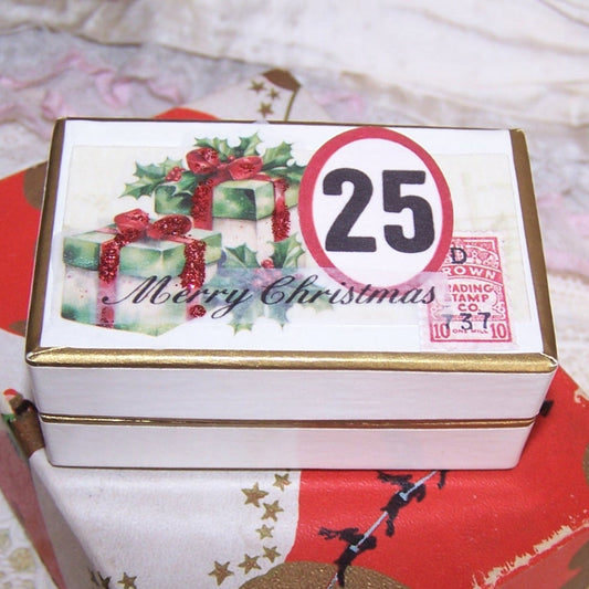 Upcycled Merry Christmas December 25th themed Antique French pharmacy box. 2-1/2" x 1-1/2" x 1" deep approx. Hinged lid.  Great condition.  ONE OF A KIND!