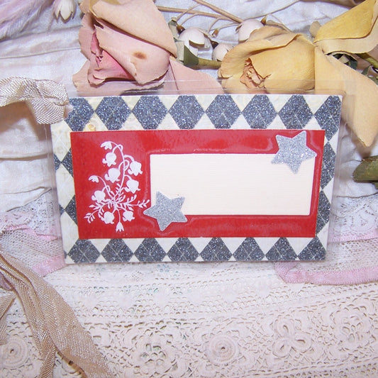 Antique Victorian Revival mixed media re-useable gift tag - package tie. Cardstock is overlaid with a calling card displaying Lily of the Valley graphics. 