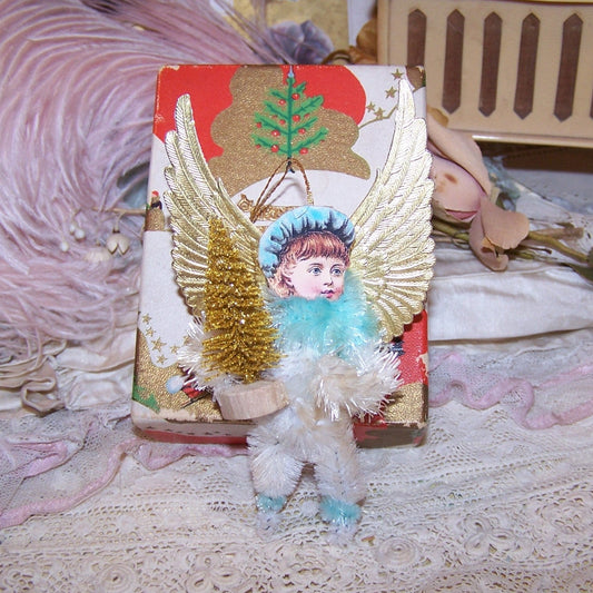 Handcrafted Christmas Ornament. Chenille baby blue/gold angel decoration.  Victorian Revival design of Mixed Materials.  One of a Kind Original design.