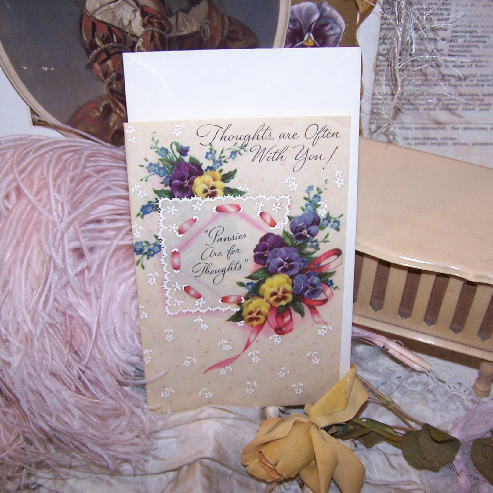 Unused 1960s greeting card stating "Thoughts are Often With You" with a note that states "Pansies are for Thoughts". Designed by Rust Craft.  Comes w/Envelope.