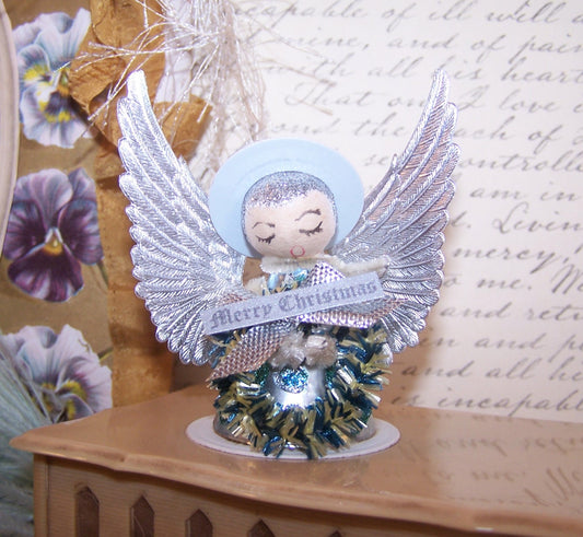 1960s Made in Japan angel ornament needing TLC.  With vintage materials in place of the lost parts, the piece is ready to display once more!  2-3/4" x 1-3/4".