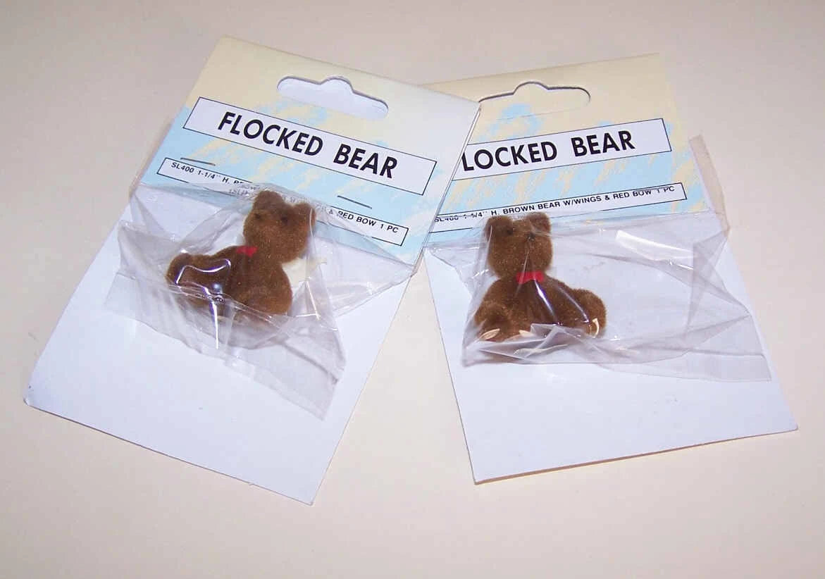 2 Vintage Wangs Brown Flocked 1-1/4" Teddy Bear Angel Figures