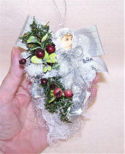 Victorian Revival Mixed Media Holiday Ornament | Silver & Burgundy Angel