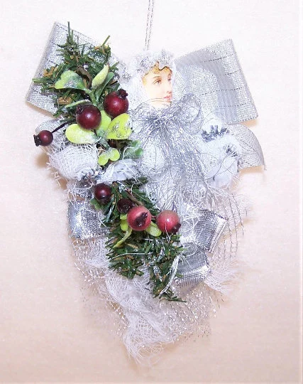 Victorian Revival Mixed Media Holiday Ornament | Silver & Burgundy Angel