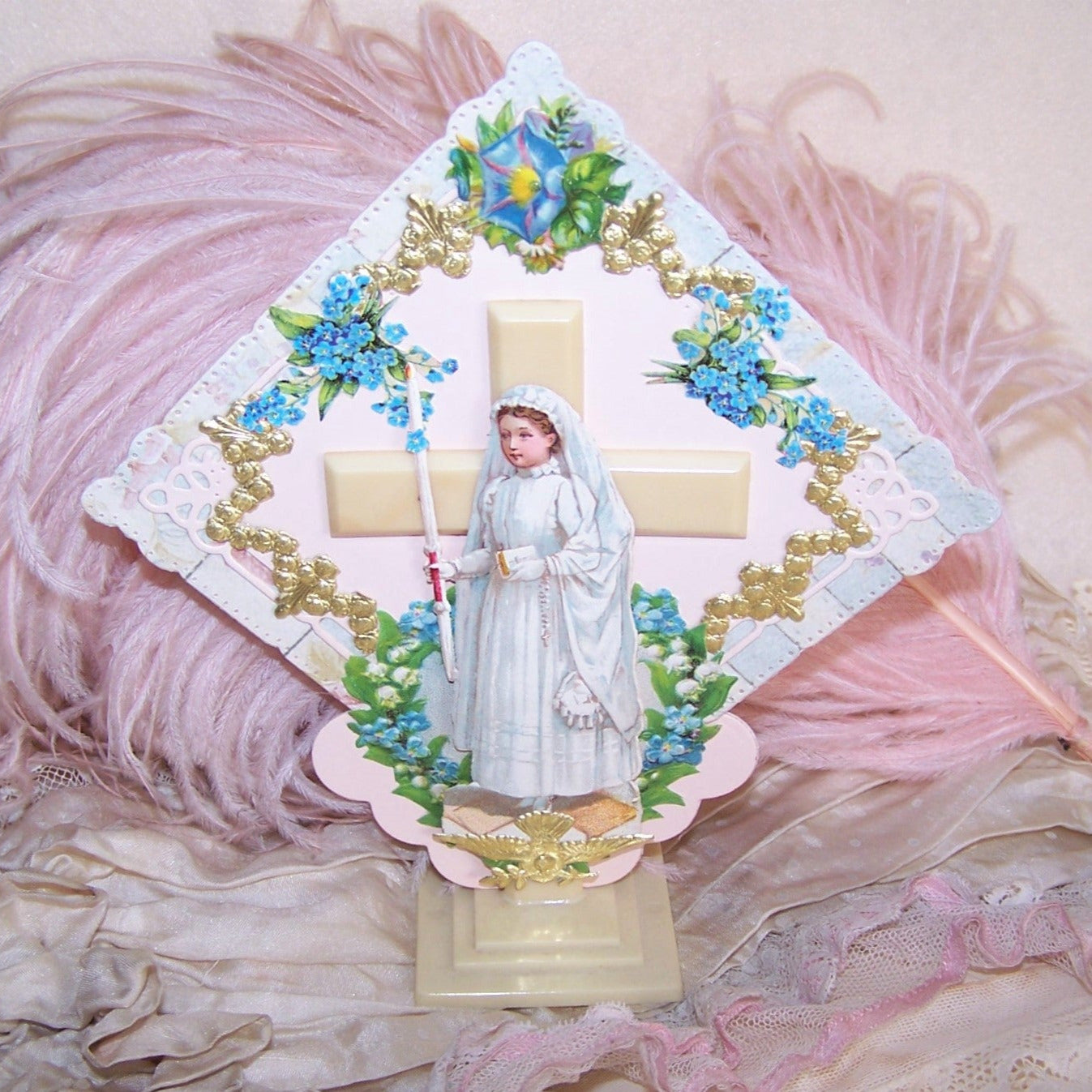 Mixed Media Religious Collage - First Communion Design on Art Deco Celluloid Cross