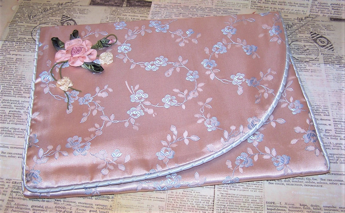 Vintage Satin Lingerie / Hanky Holder with Ribbon Rose Embellishment