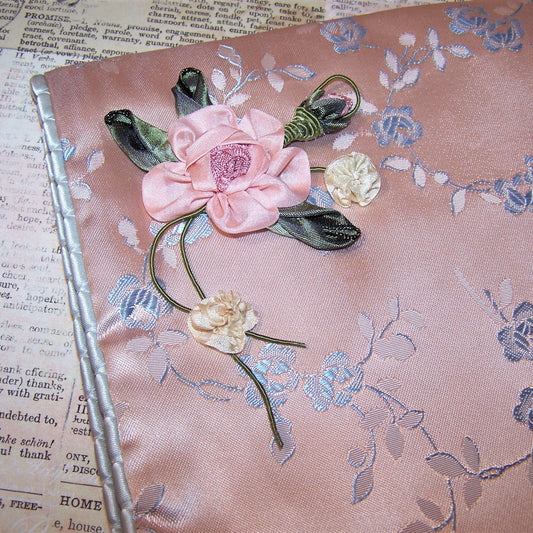 Vintage Satin Lingerie / Hanky Holder with Ribbon Rose Embellishment 