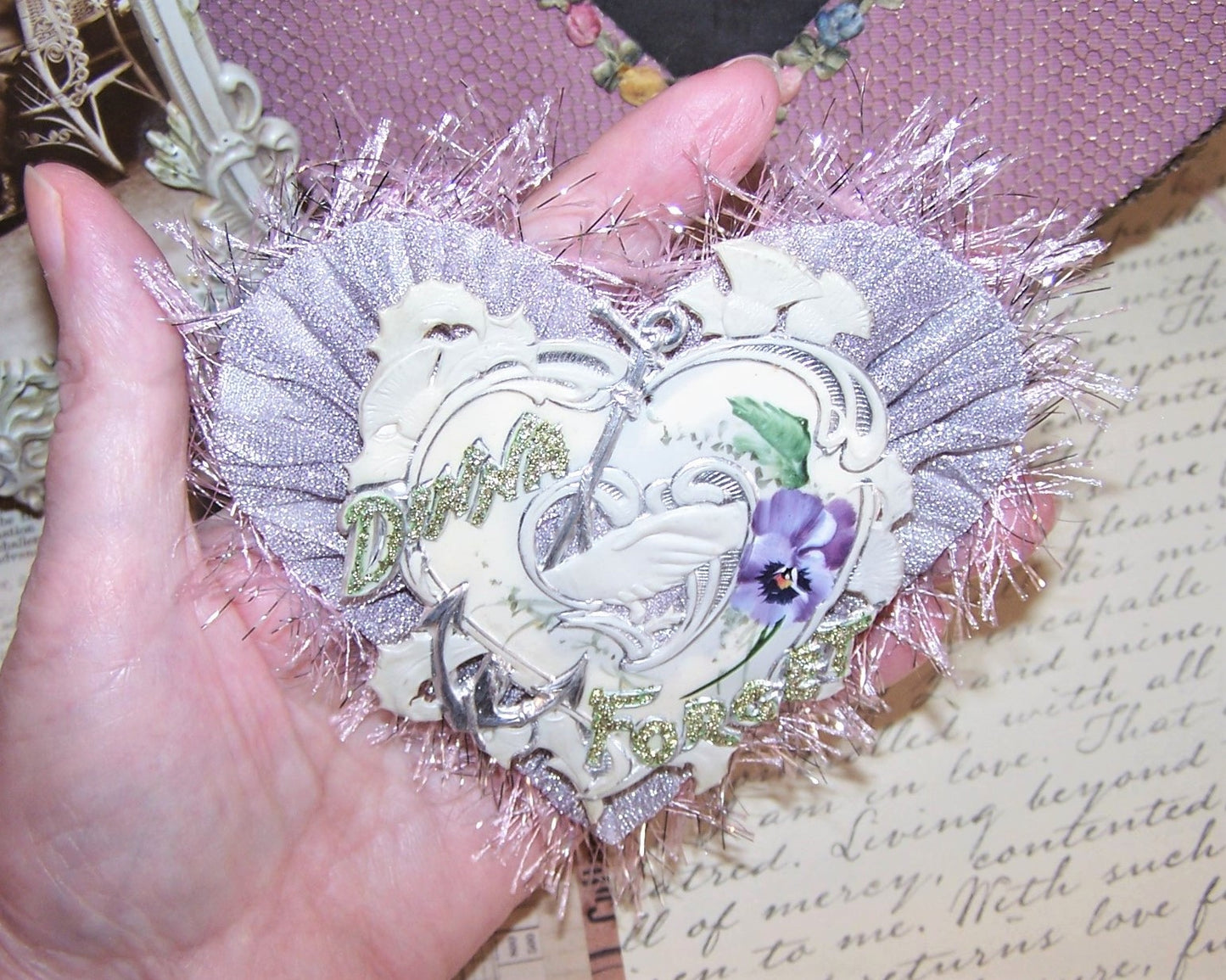 Upcycled Victorian Celluloid Painted Pansies Heart Ornament - Dinna Forget