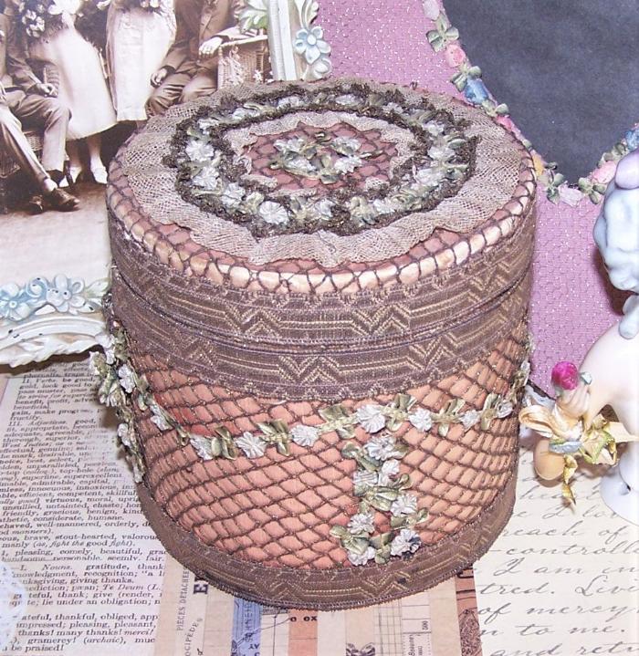 Antique French Boudoir Box - Fabric Covered with Gold Cord and Rococo Ribbon Trim