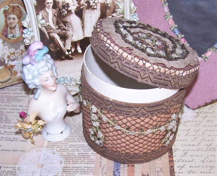 Antique French Boudoir Box - Fabric Covered with Gold Cord and Rococo Ribbon Trim