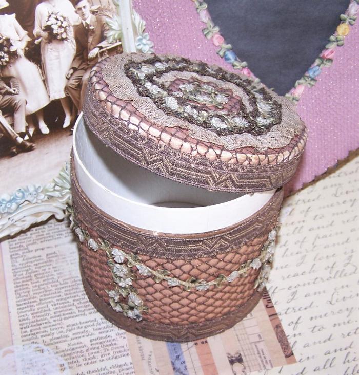 Antique French Boudoir Box - Fabric Covered with Gold Cord and Rococo Ribbon Trim