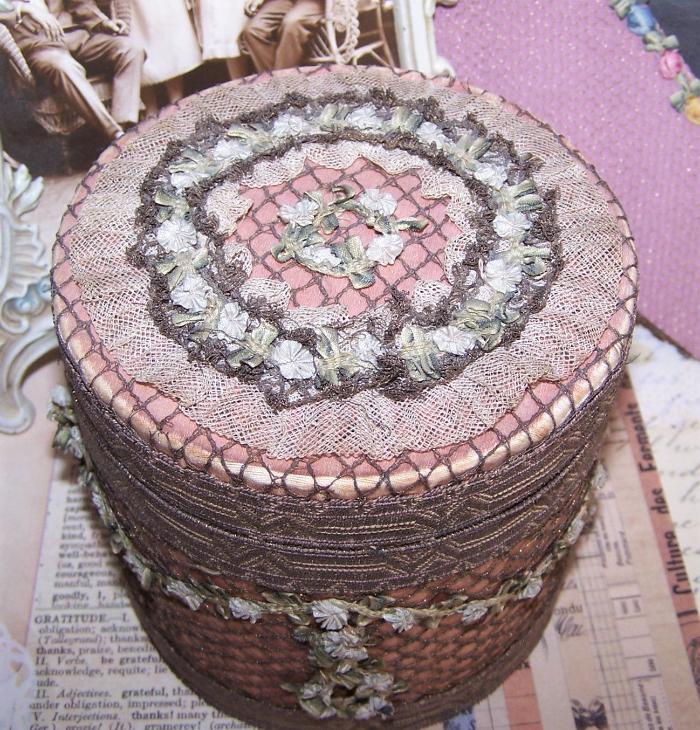 Antique French Boudoir Box - Fabric Covered with Gold Cord and Rococo Ribbon Trim